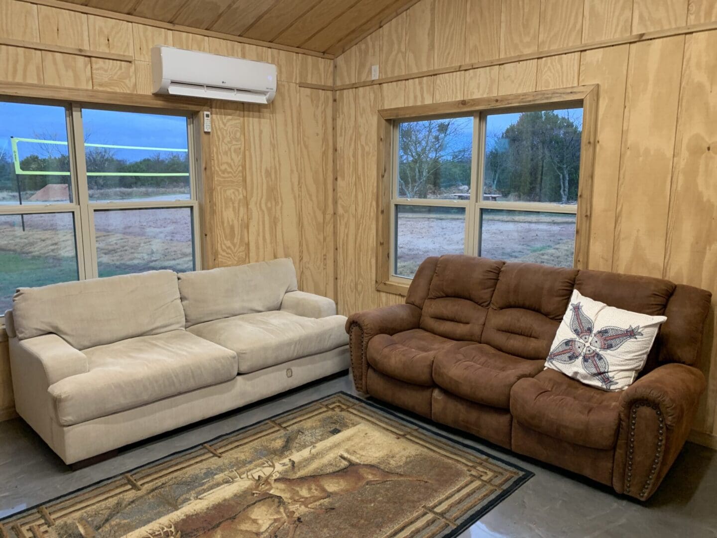 Two sofas and and a air conditioner inside the living area