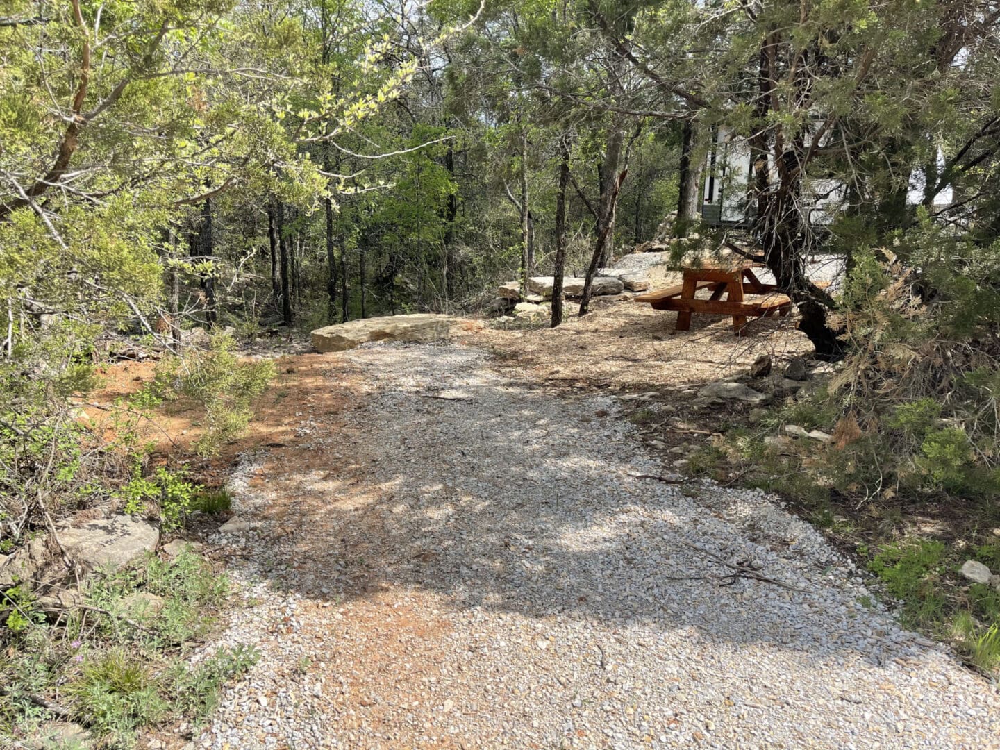 A trail with trees and rocks in the background.